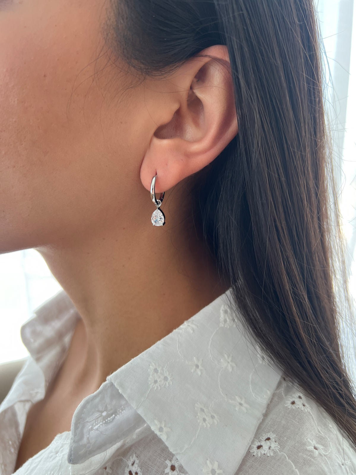 Silver 925 Drop Earring, Pear Cubic Zirconia Drop Hoop Silver 925 Drop Earring, Pear Cubic Zirconia Drop Hoop