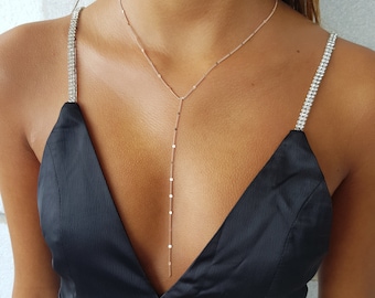 Long Lariat Necklace, Sterling Silver 925 Y Drop Chain, Gold Falling Necklace for Women