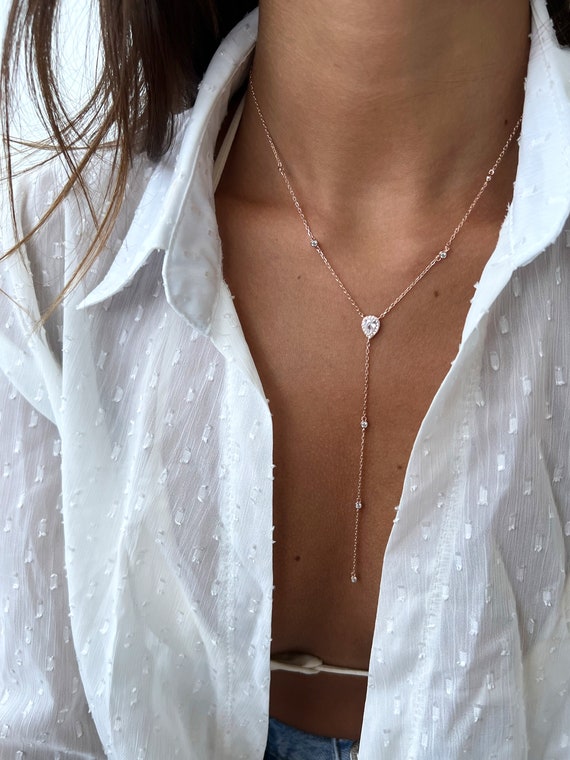 Silver 925 Teardrop Necklace, Pear Lariat Y Drop Necklace
