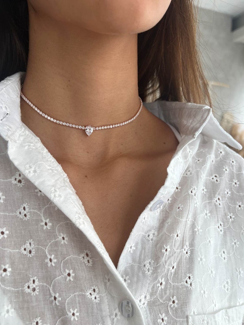 Tennis Necklace Silver 925, Teardrop Pendant Tennis Choker, Pear CZ Tennis Choker, Cubic Zirconia Tennis Choker Necklace, Rose Gold Choker image 8