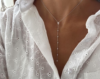 Lariat Necklace for Women, 14K Gold over 925 Sterling Silver Y Necklace with Teardrop Pendant, Dainty Minimalist Jewelry Gift for Her