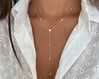 Silver 925 Lariat Necklace, Solitaire Lariat Y Drop Necklace, 14k