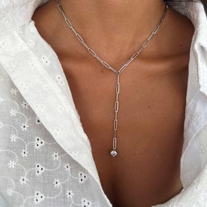 ラリアットチェーンネックレス、スターリングシルバー925 Yドロップラリアットネックレス、CZソリティアラリアットロングネックレス、リンクペーパークリップチェーンネックレス