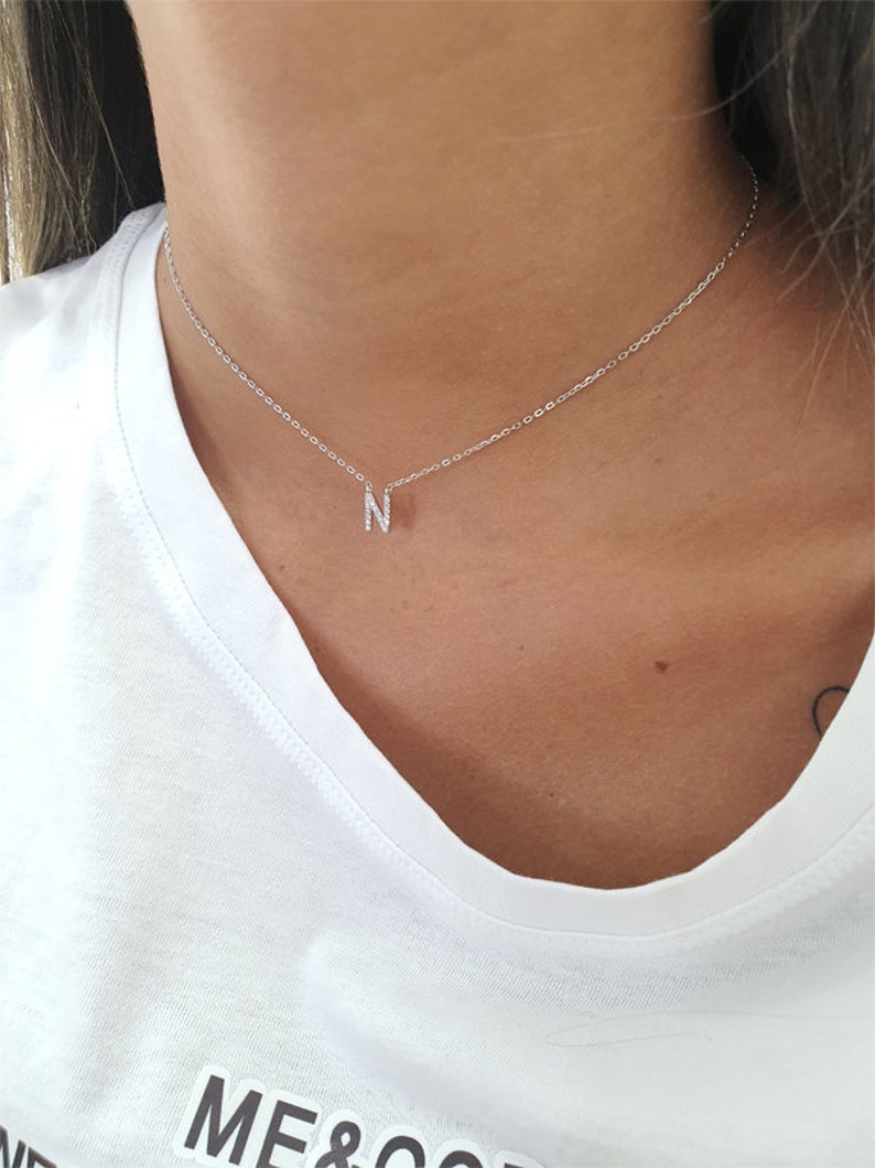 Letter necklace, Choker necklace, Silver sterling 925, gold plated, rose gold plated with CZ, fashion jewelry image 3