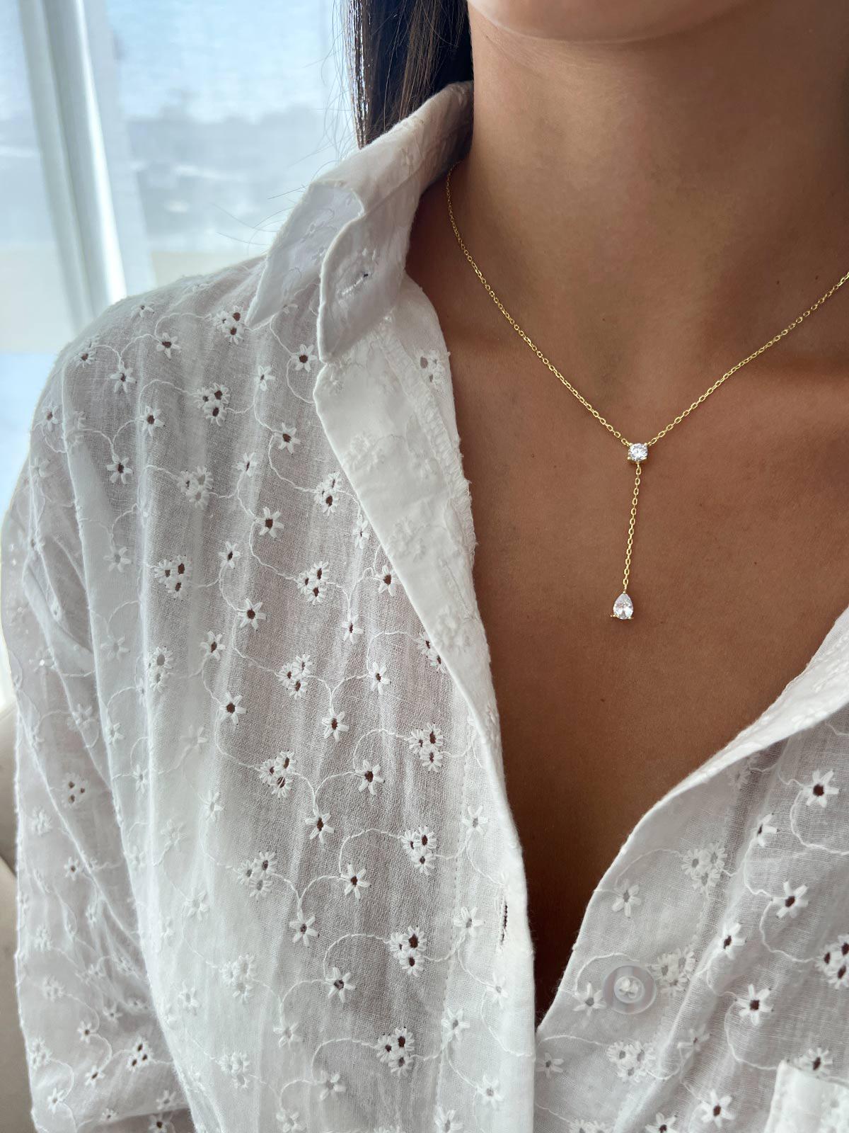 Teardrop Lariat Necklace, Sterling Silver 925 CZ Solitaire and