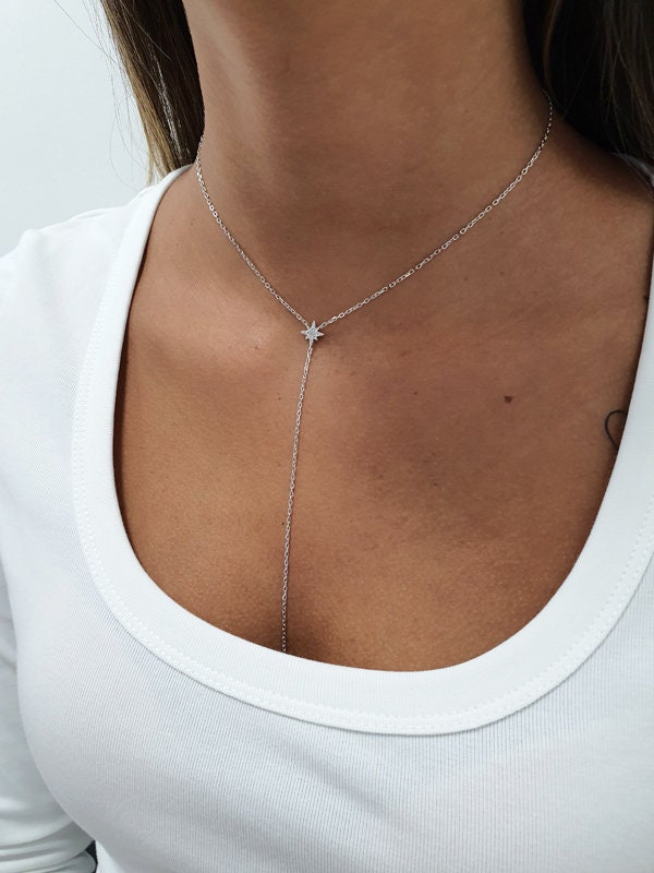 Gold Star Drop Necklace Star Y Necklace CZ Y Necklace Etsy