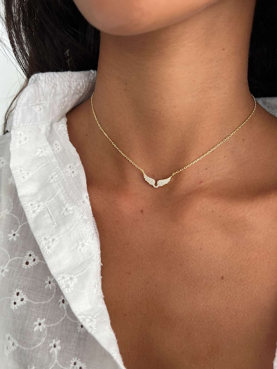Gold Angel Wing Pendant Necklace, Minimalist Cubic Zirconia Choker