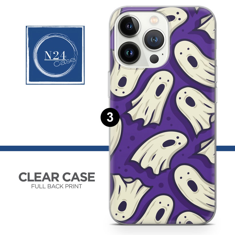 May include: Clear phone case with a purple background and a white ghost pattern. The case has a raised camera bump with three lenses.