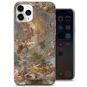 Puede incluir: Una funda transparente para tel&eacute;fono con una pintura colorida de &aacute;ngeles y nubes. La pintura es de estilo renacentista y presenta una figura central con una corona.