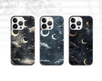 May include: Three phone cases with a dark blue background featuring a celestial design with gold moons and stars.