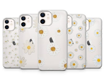 Coque de téléphone transparente marguerite élégante fleur pour iPhone 14, 13, 12, 11, Xr, Se et Samsung A13, A23, A51, A52, A53, S20, S22, Huawei P30, Pixel 6a