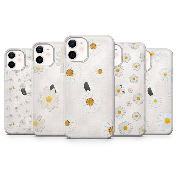 Daisy Elegant Flower Clear Phone Case for iPhone 14, 13, 12, 11, Xr, Se & Samsung A13, A23, A51, A52, A53, S20, S22, Huawei P30, Pixel 6a