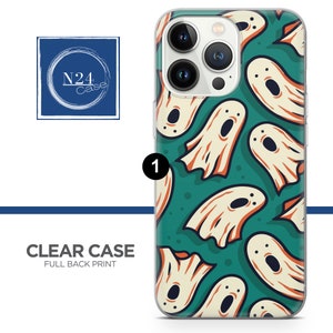 May include: Clear phone case with a full back print of white ghosts on a teal green background. The case is compatible with iPhone 13 Pro Max.