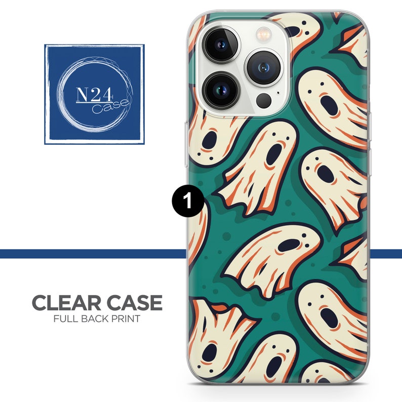 May include: Clear phone case with a full back print of white ghosts on a teal green background. The case is compatible with iPhone 13 Pro Max.