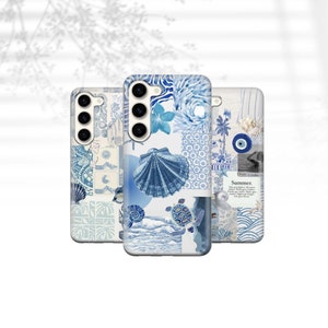 May include: Three phone cases with blue and white designs. The cases feature seashell, floral, and wave patterns. One case has the word "Summer" printed on it. The cases are a collage of beach-themed images.