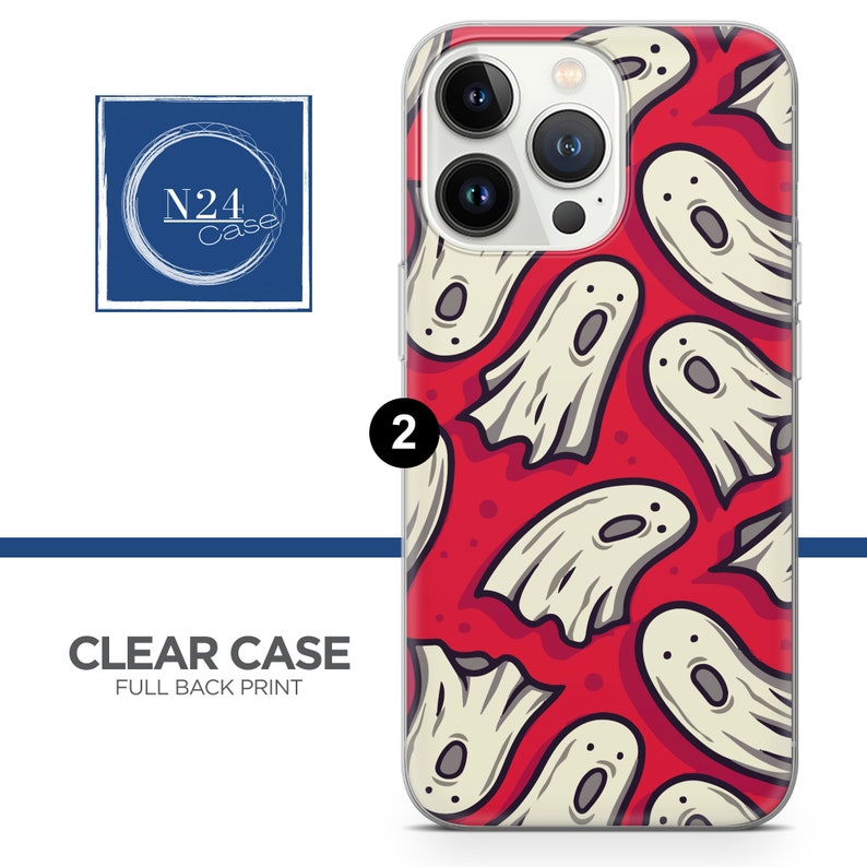 May include: A clear phone case with a red background and a pattern of white ghosts. The case is designed for an iPhone 13 Pro Max.