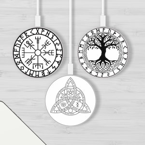Norse Mythology Wireless Charger Viking Symbols Charging Pad Compatible With All QI Enabled iPhone 13, 12, 11, Xr, 8, Samsung S22, S21, S20