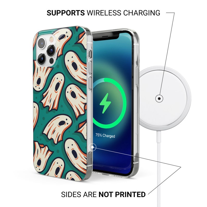 May include: A clear phone case with a colorful ghost pattern. The case is compatible with wireless charging. The phone case is shown on a wireless charging pad with a green charging indicator that says "75% Charged".