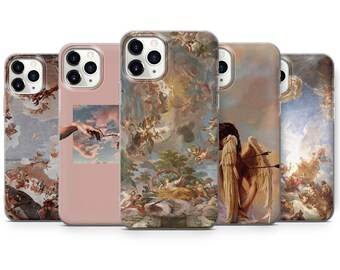 May include: Set of five phone cases featuring different Renaissance-inspired paintings. The cases are clear and show the artwork through the plastic. The paintings include a scene of angels in the clouds, a hand reaching out from the clouds, a woman with wings, and two other scenes with angels and clouds.