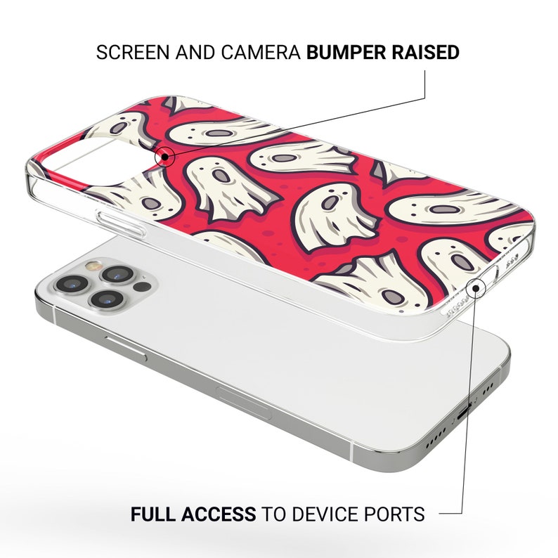 May include: A clear phone case with a red background and white ghost pattern. The case has raised edges to protect the screen and camera. The text "SCREEN AND CAMERA BUMPER RAISED" is at the top of the image. The text "FULL ACCESS TO DEVICE PORTS" is at the bottom of the image.