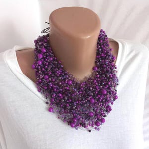 Handmade Purple Beaded Statement Necklace, Chunky Layered Jewelry with Glass Beads, Bold Fashion Necklace for Women, Gift for Mom or Sister