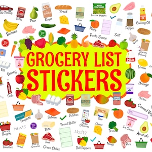 Pegatinas digitales de lista de compras, pegatinas precortadas para planificador digital, pegatinas de GoodNotes, 204 archivos PNG, PNG, pegatinas para planificador, lista de compras