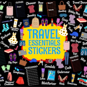 Pegatinas de elementos esenciales para viajes en modo oscuro, planificador oscuro, pegatinas digitales precortadas, pegatinas para planificador, pegatinas GoodNotes con elementos esenciales para vacaciones