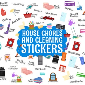 May include: A blue cloud with the text "HOUSE CHORES AND CLEANING STICKERS" in white.  The cloud is surrounded by colorful illustrations of household chores and cleaning tasks, such as washing dishes, vacuuming, cleaning the bathroom, and taking out the trash.
