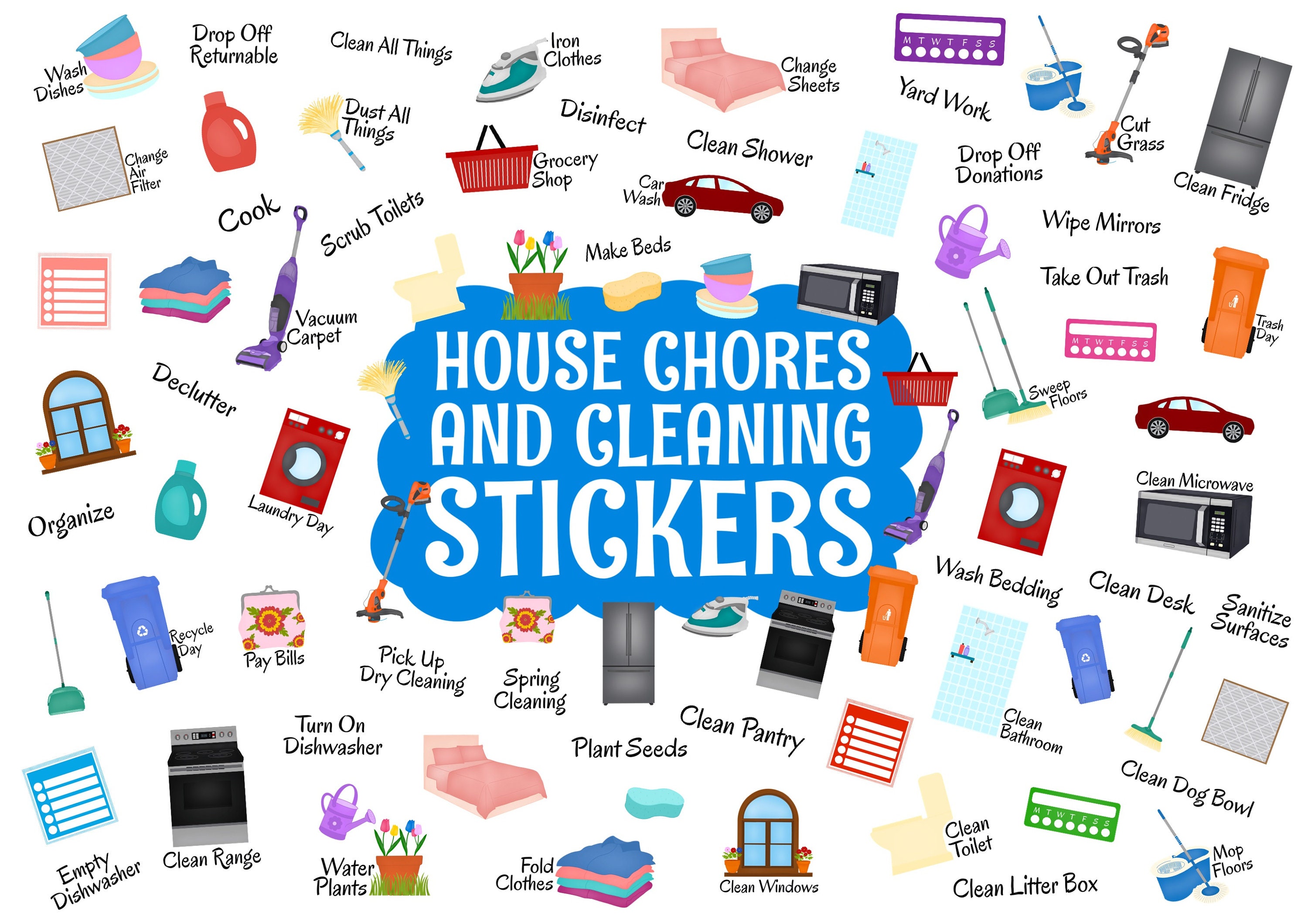House Chores and Cleaning Digital Stickers, Precropped Digital Planner Stickers, GoodNotes Stickers, 82 PNG Files, PNGs, Planner Stickers