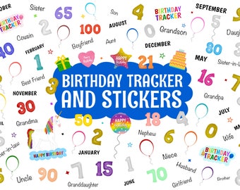 Birthday Tracker and Stickers, Precropped Digital Planner Stickers, 104 GoodNotes Stickers, 104 PNG Files, PNGs, Planner Stickers, happy