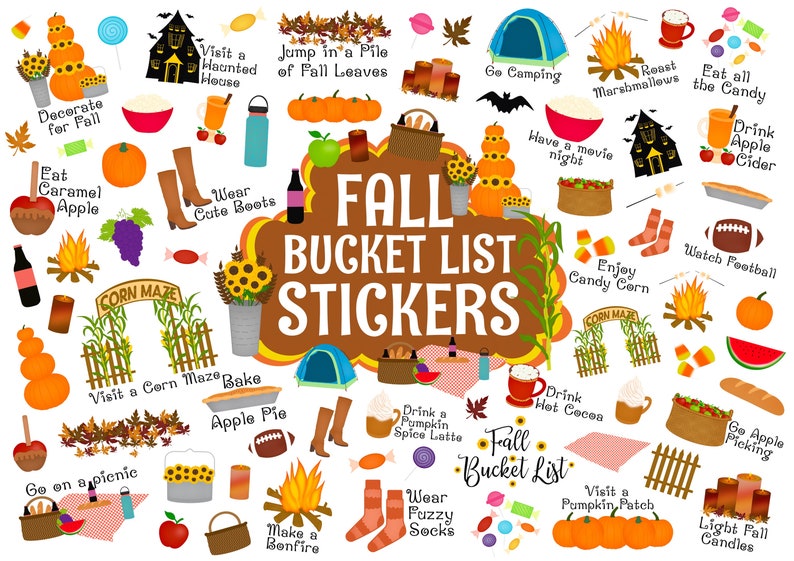 Op de afbeelding: Een set kleurrijke herfst-stickers met een bruin banner waarop "Fall Bucket List Stickers" staat. De stickers tonen activiteiten zoals een bezoek aan een ma&iuml;sdoolhof, het drinken van appelcider en het maken van een kampvuur.