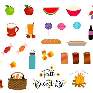 Op de afbeelding: Herfst bucketlist-illustratie met verschillende herfstachtige iconen, waaronder een rode appel, een groene appel, een watermeloenpunt, een kom popcorn, een kop warme chocolademelk, een kop koffie, een glas sinaasappelsap, een brood, een taart, een kampvuur, een stapel pompoenen, een waterfles, een mand met brood, snoep, lolly's en kaarsen.