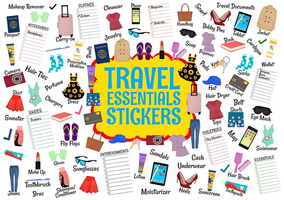 Travel Essentials Stickers, Precropped Digital Planner Stickers ...