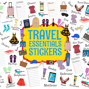 Pegatinas con elementos esenciales para viajes, pegatinas precortadas para planificadores digitales, pegatinas de GoodNotes, archivos PNG adicionales, pegatinas para planificadores, elementos esenciales para las vacaciones