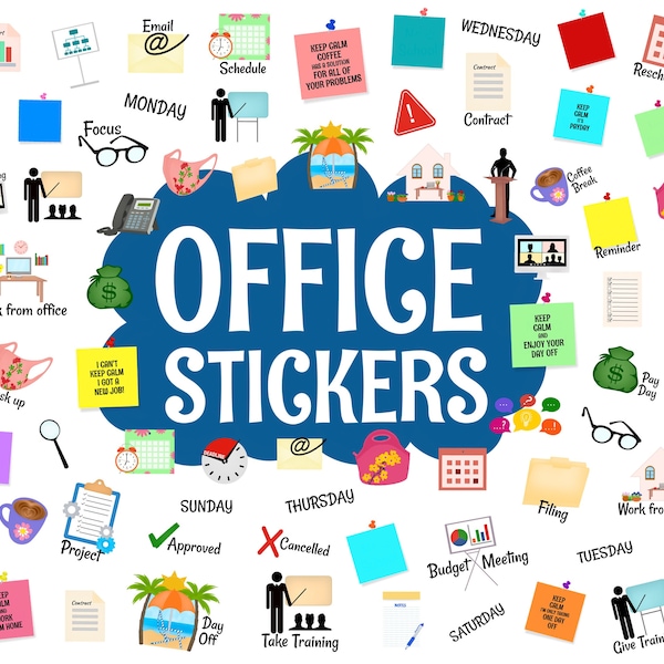 Office Digital Stickers, Precropped Digital Planner Stickers, GoodNotes Stickers, PNG Bonus Files, Planner Stickers, Office job stickers