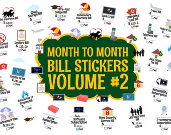 May include: A green and yellow cloud-shaped sticker with the text "Month to Month Bill Stickers Volume #2" surrounded by colorful stickers representing different types of bills, such as pet insurance, college, home insurance, cable, emergency fund, travel, telephone, federal tax, real estate tax, satellite TV, renter's insurance, natural gas, retirement plan, boxes subscription, software subscription, home security, life insurance, accessibility subscription, and e-commerce subscription.