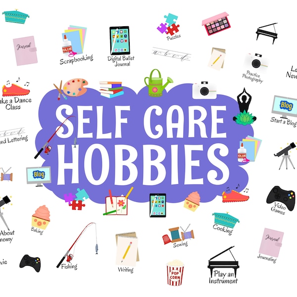 Self Care Hobbies Digital Stickers, Precropped Digital Planner Stickers, GoodNotes Stickers, 25 PNG Bonus Files, PNGs, Planner Stickers