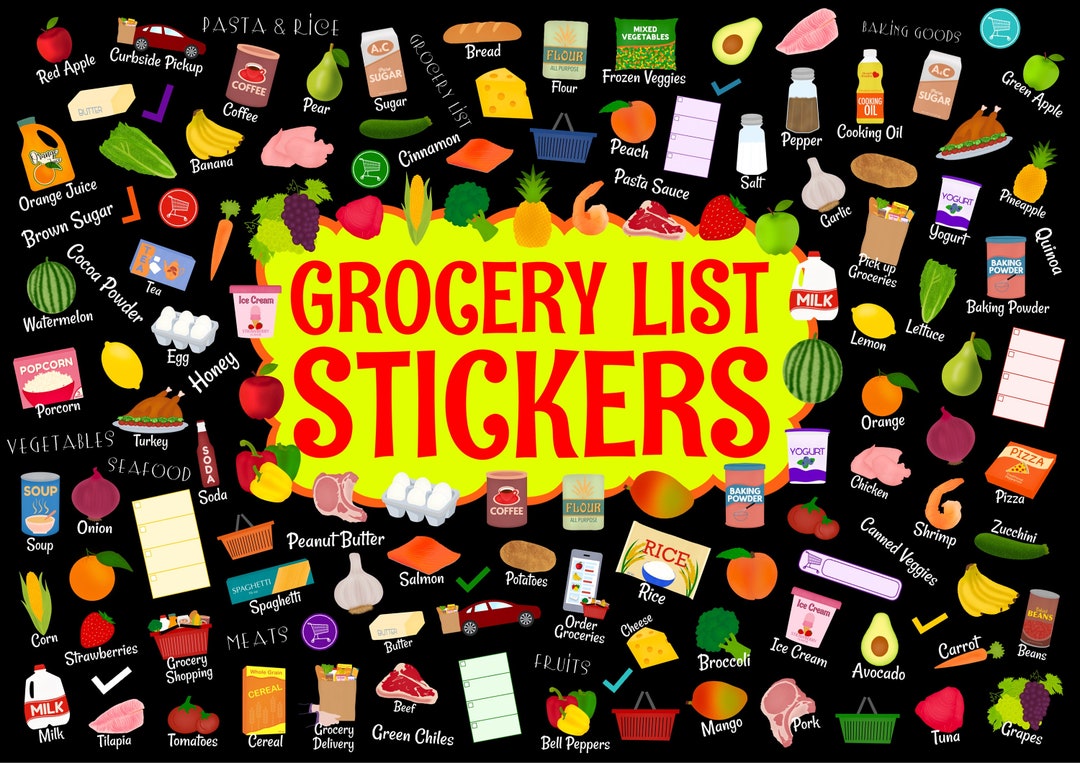 Grocery List Digital Stickers Dark Mode Set, Digital Stickers for Dark ...