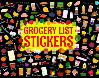 Grocery List Digital Stickers Dark Mode Set, Digital Stickers for Dark Background, Precropped Digital Planner Stickers, GoodNotes Stickers