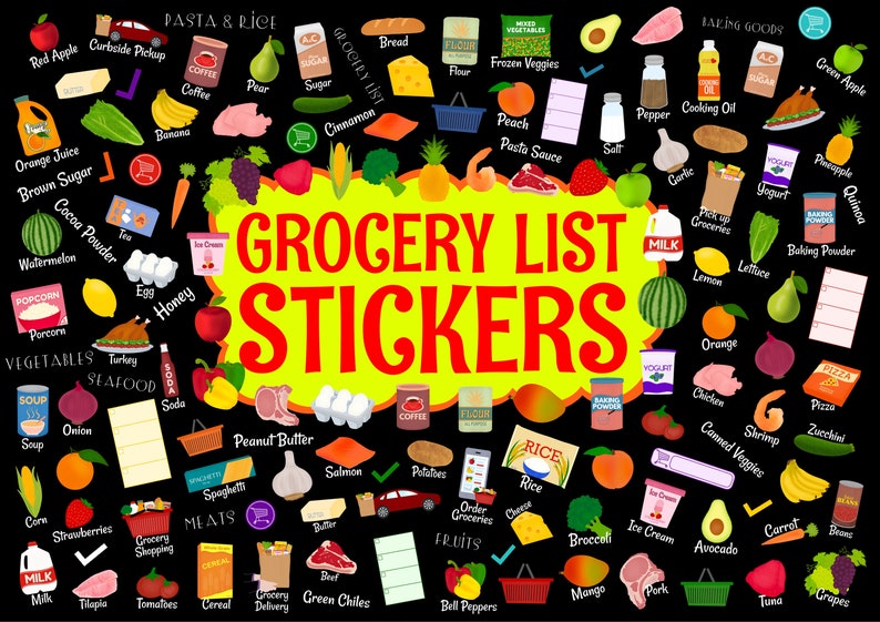 Grocery List Digital Stickers Dark Mode Set, Digital Stickers for Dark ...