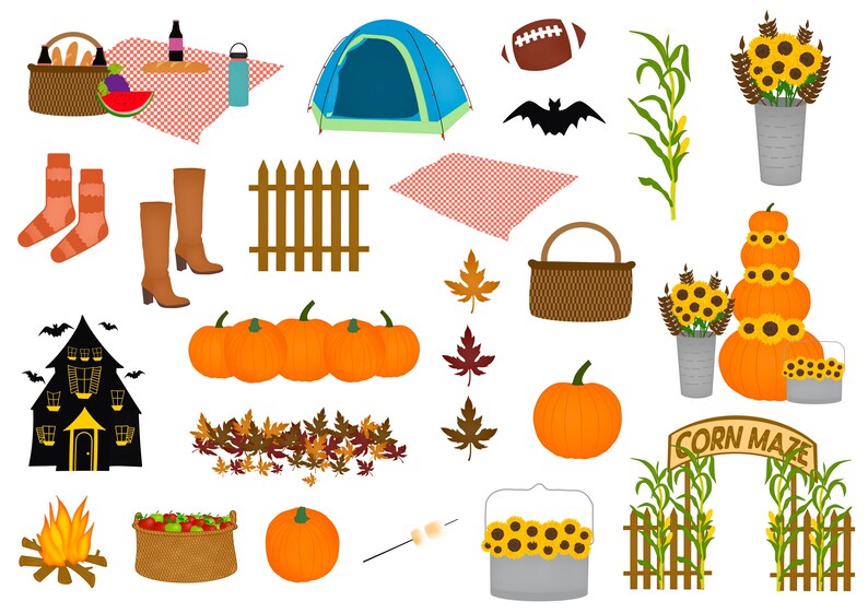 Op de afbeelding: Een set herfst-thema clipart afbeeldingen, waaronder pompoenen, ma&iuml;sstengels, zonnebloemen, een tent, een picknickmand, een voetbal, een ma&iuml;sdoolhof bord en een spookhuis.