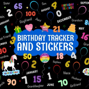 Set di adesivi e tracker di compleanno in modalità scura, adesivi per planner digitale pretagliati, 104 adesivi GoodNotes, 104 file PNG, adesivi per planner