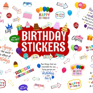 Birthday Digital Stickers, Precropped Digital Planner Stickers, 68 GoodNotes Stickers, 68 PNG Files, PNGs, Planner Stickers, happy