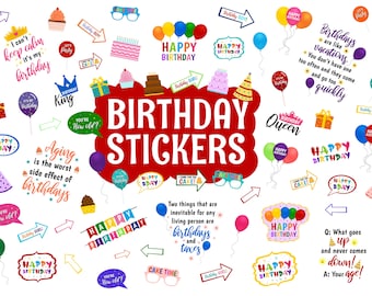 Birthday Digital Stickers, Precropped Digital Planner Stickers, 68 GoodNotes Stickers, 68 PNG Files, PNGs, Planner Stickers, happy