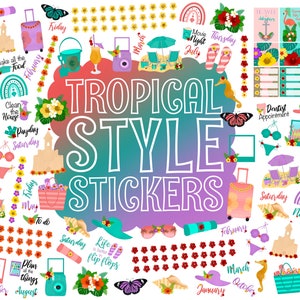 Tropical Style Digital Sticker, Summer Stickers, Precropped Digital Planner Stickers, GoodNotes Stickers, 243 PNG Files, Planner Stickers