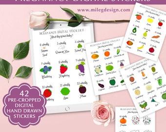 Pegatinas del planificador digital de frutas y verduras para el embarazo, semana a semana (GoodNotes)