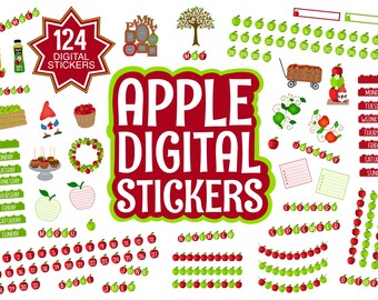 Puede incluir: Un conjunto de 124 pegatinas digitales con manzanas, números, días de la semana y meses del año. Las pegatinas son de varios colores, incluyendo rojo, verde y amarillo. El texto "Apple Digital Stickers" está escrito en una fuente grande y en negrita.