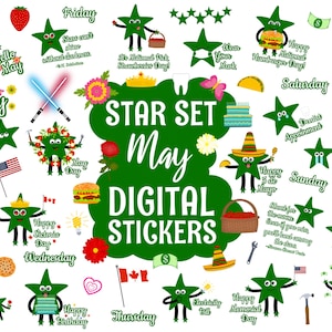 Zestaw gwiazdek Majowe naklejki cyfrowe, Precropped Digital Planner Stickers, GoodNotes Stickers, 60 PNGs, Naklejki planera, Naklejki kwietniowe, Gwiazdy