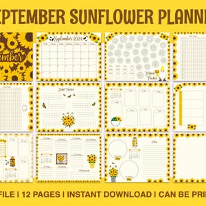 May include: A printable sunflower-themed planner for September 2024. The planner includes a calendar, habit tracker, mood tracker, sleep tracker, and other pages. The pages are decorated with sunflowers and a yellow background.