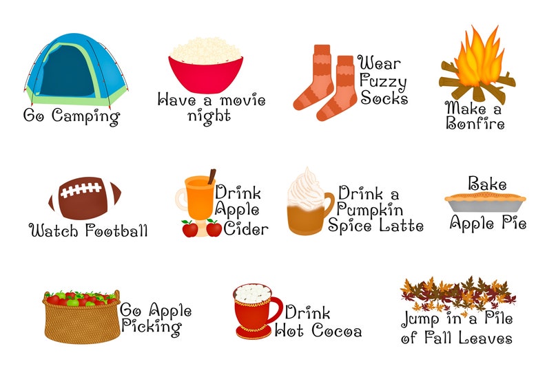 Op de afbeelding: Een illustratie van 10 herfstactiviteiten, waaronder kamperen, voetbal kijken, een film kijken, appelcider drinken, wollen sokken dragen, een pumpkin spice latte drinken, een appeltaart bakken, een kampvuur maken, appels plukken en springen in een stapel herfstbladeren.